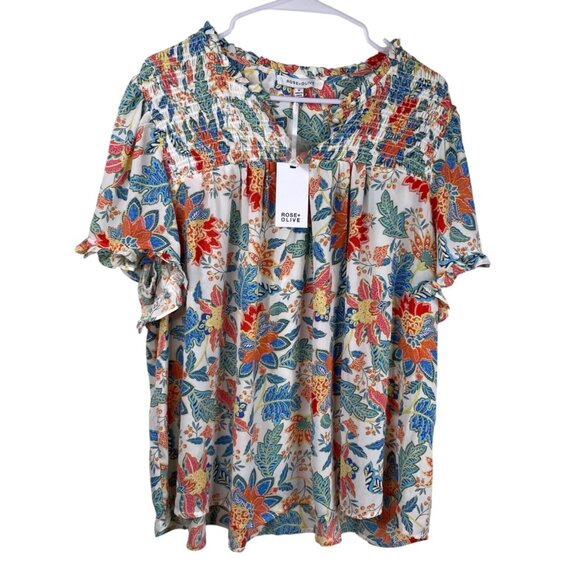 Rose And Olive Tops - Rose & Olive Top Women's Short Sleeves Ruffles Smocked Floral Mulitcolor 1X NWT